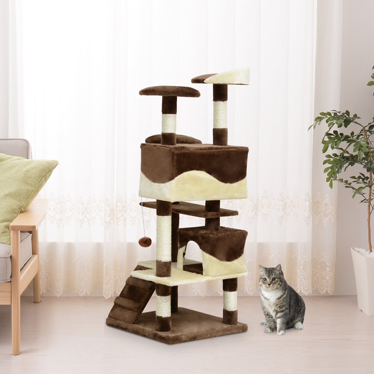 easycomfort easycomfort albero per gatti in peluche e sisal con cucce e pallina caffe e crema 50x50x132cm