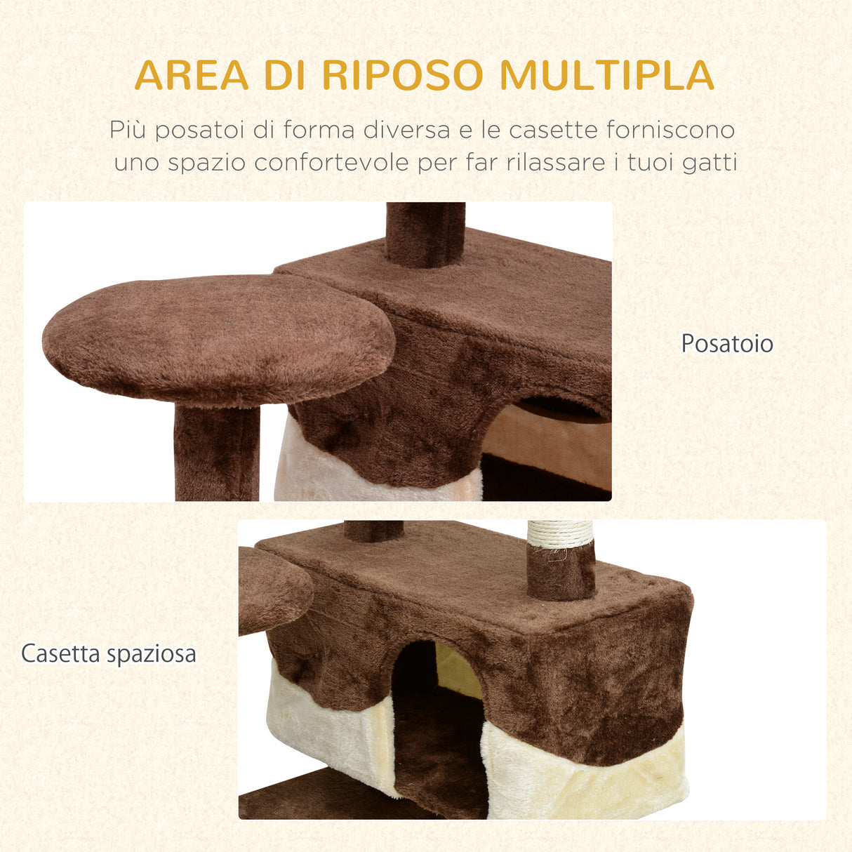 easycomfort easycomfort albero per gatti in peluche e sisal con cucce e pallina caffe e crema 50x50x132cm