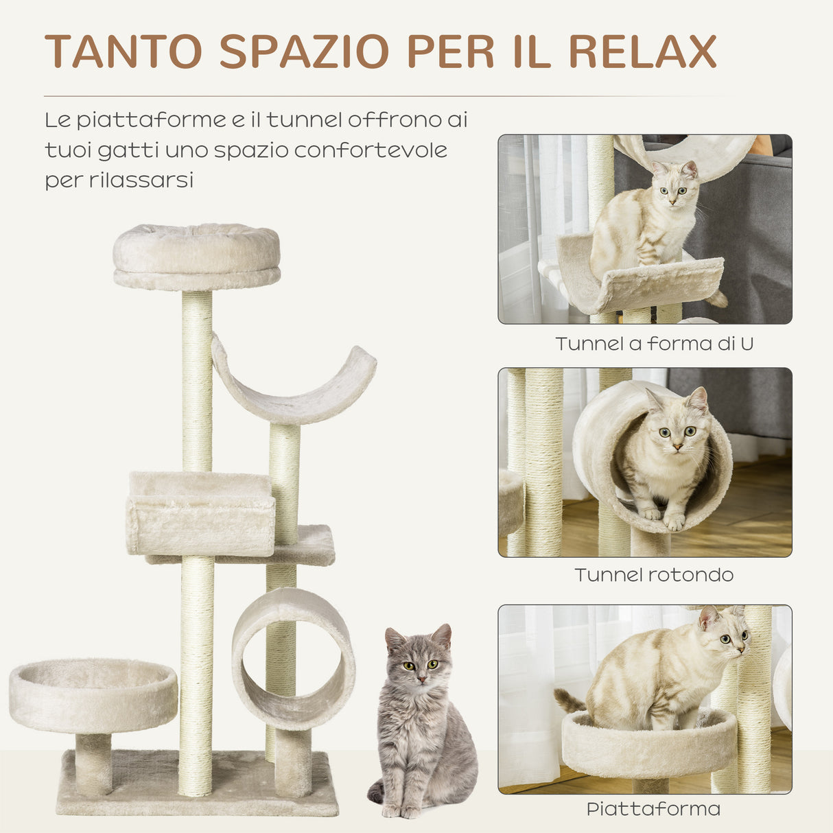 easycomfort easycomfort albero per gatti con cucce e tunnel multi livello beige 50x40x105 cm