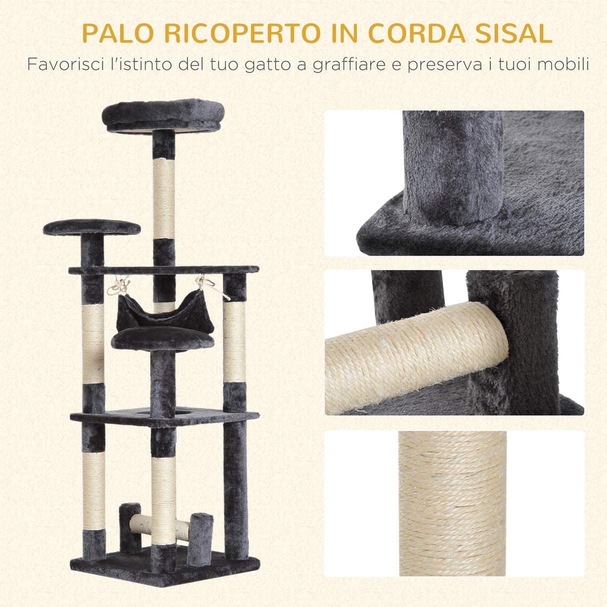 easycomfort easycomfort albero tiragraffi per gatti a 4 livelli in peluche sisal naturale grigio 40x40x132cm