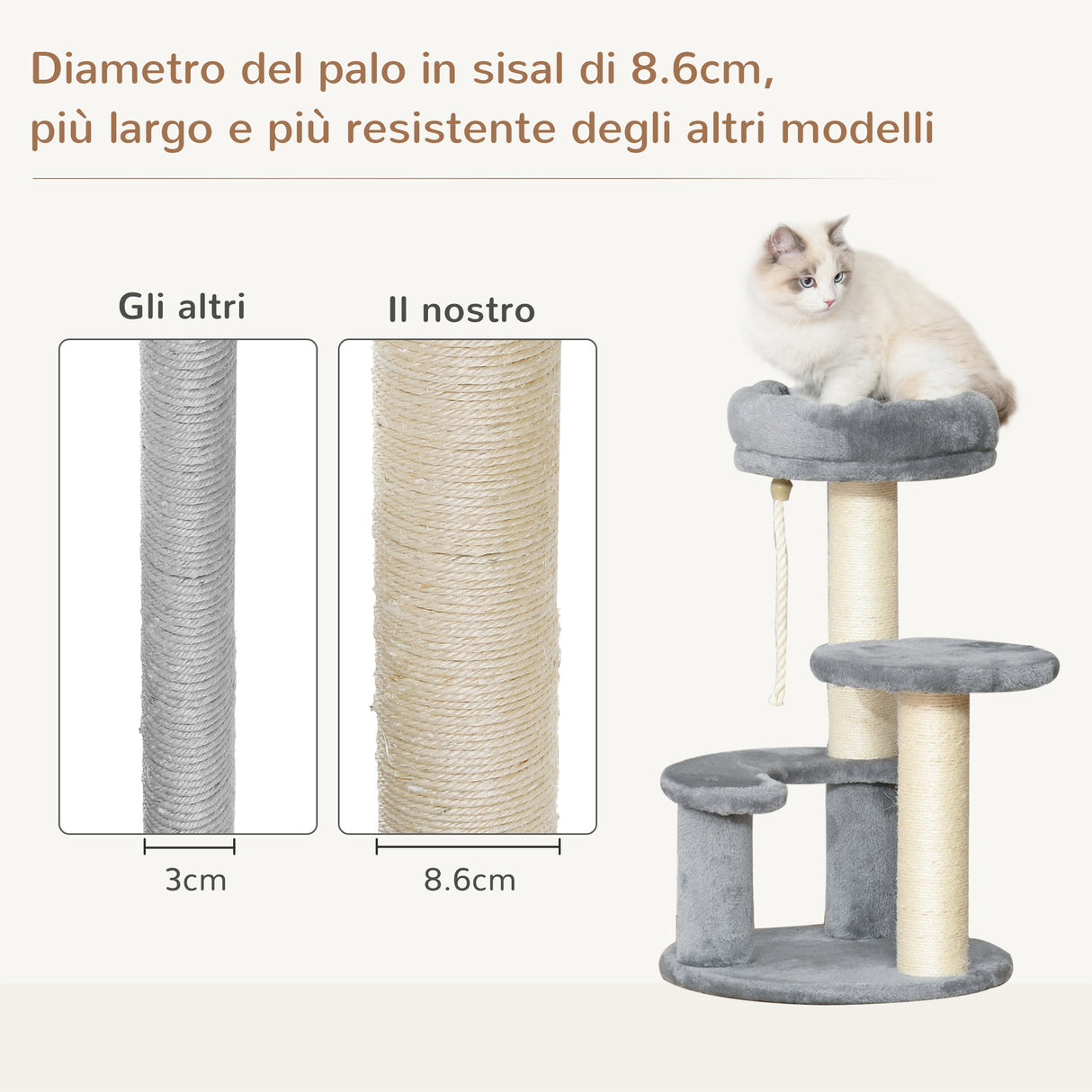 easycomfort easycomfort albero per gatti a 3 livelli in peluche sisal naturale grigio 40x65cm