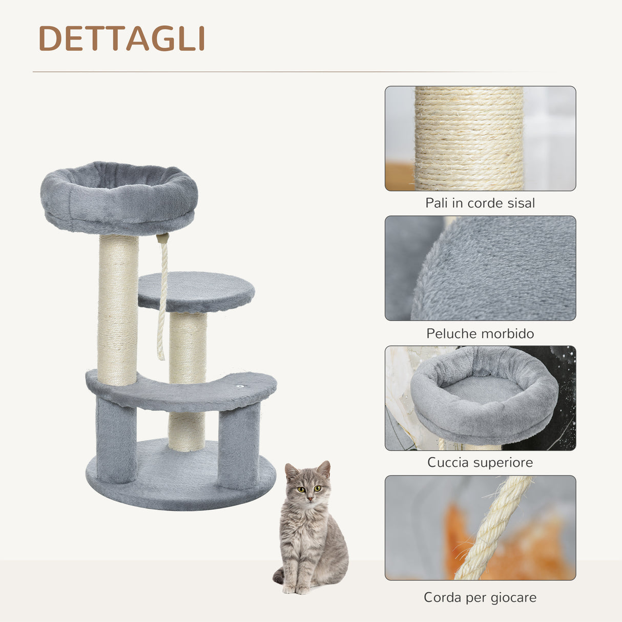 easycomfort easycomfort albero per gatti a 3 livelli in peluche sisal naturale grigio 40x65cm