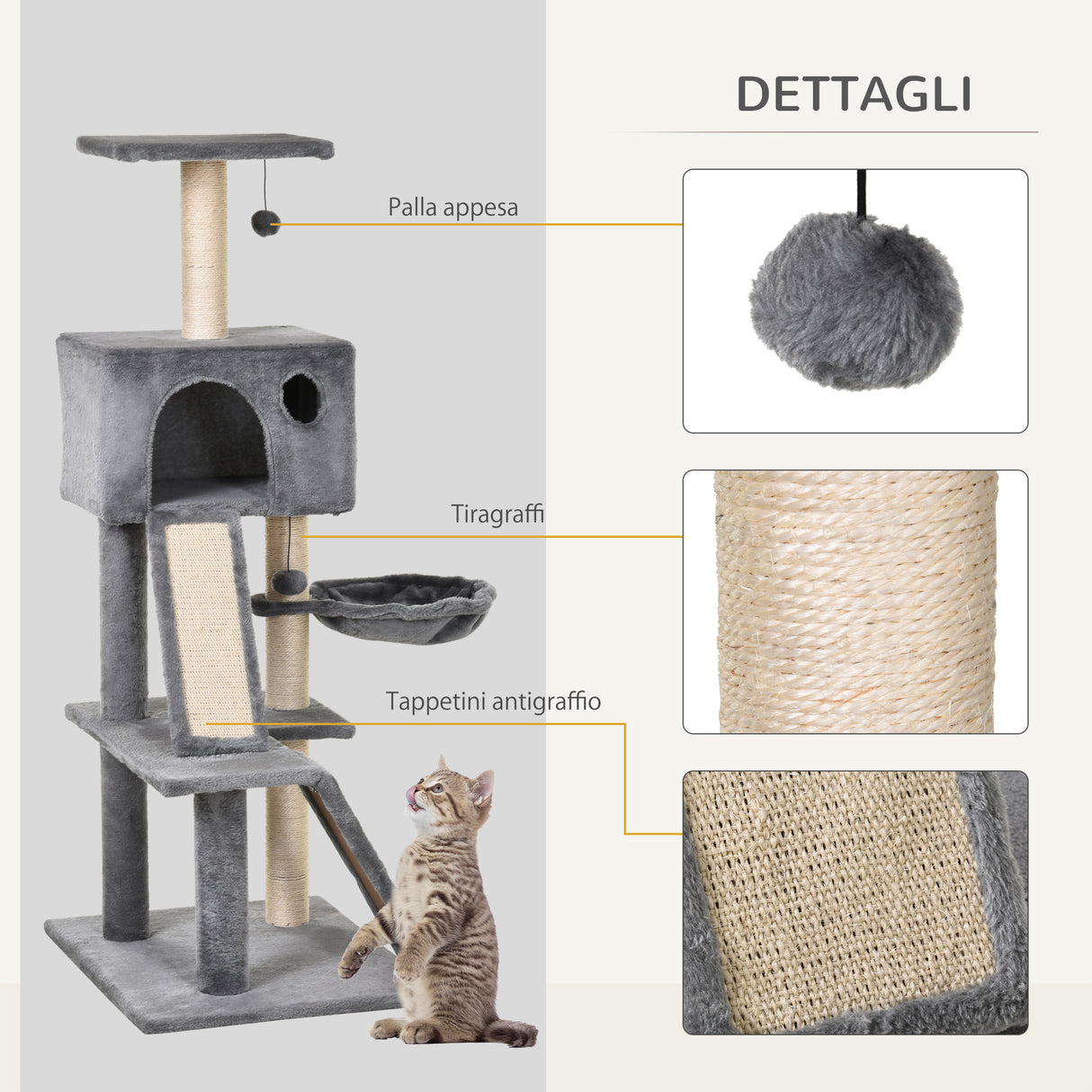 easycomfort easycomfort albero tiragraffi accessoriato con cuccia lettino sospeso e 2 pedane in peluche grigio