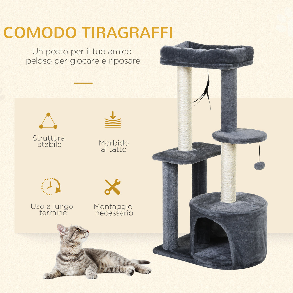 easycomfort easycomfort tiragraffi per gatti con cuccia posatoio e 2 ripiani bianco e grigio 48x35x100cm