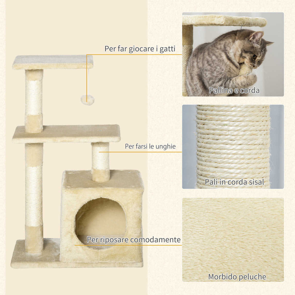 easycomfort easycomfort tiragraffi per gatti con cuccia pallina e pali in corda sisal beige