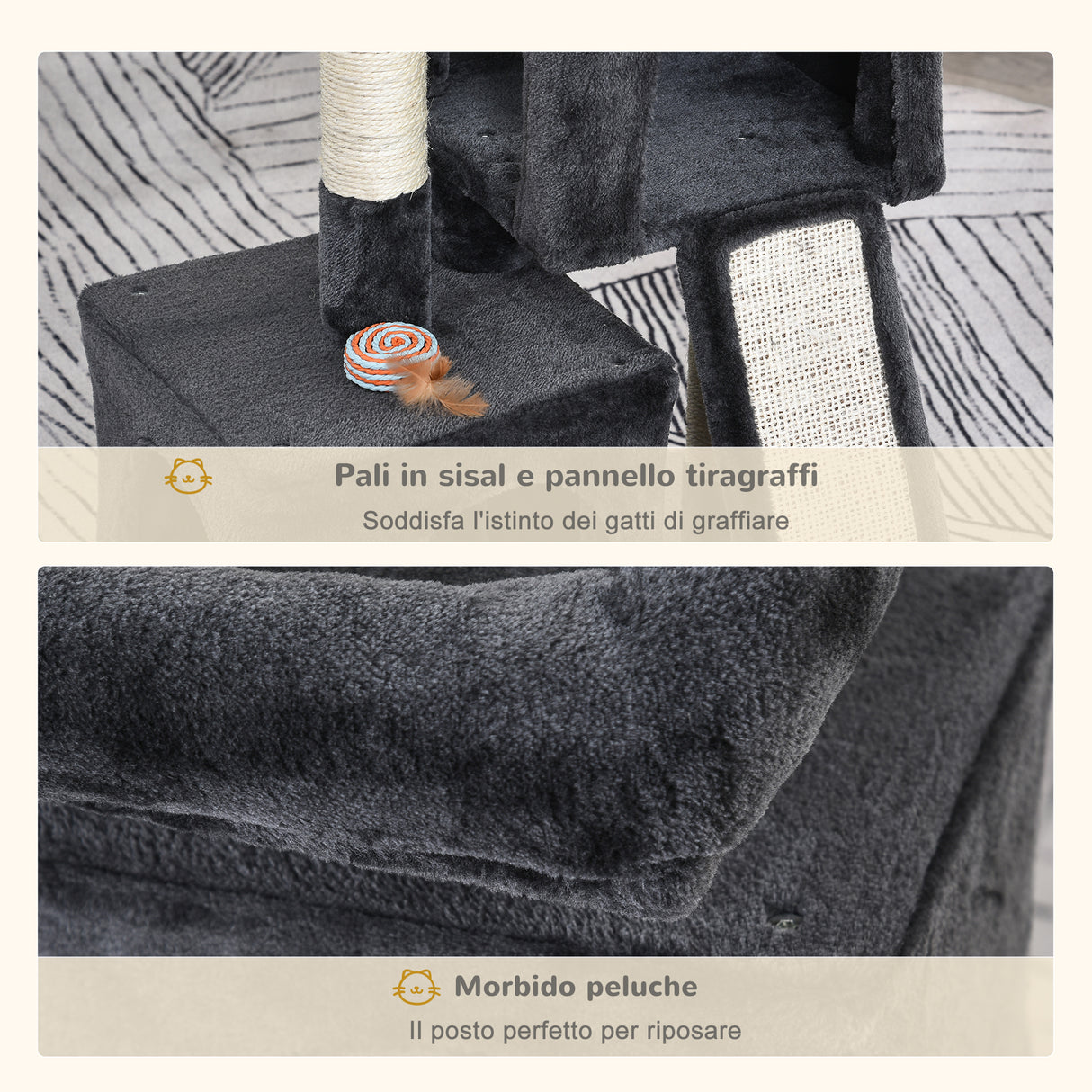 easycomfort albero tiragraffi per gatti con pali in sisal lettino e 2 casette 59x39x83cm grigio scuro