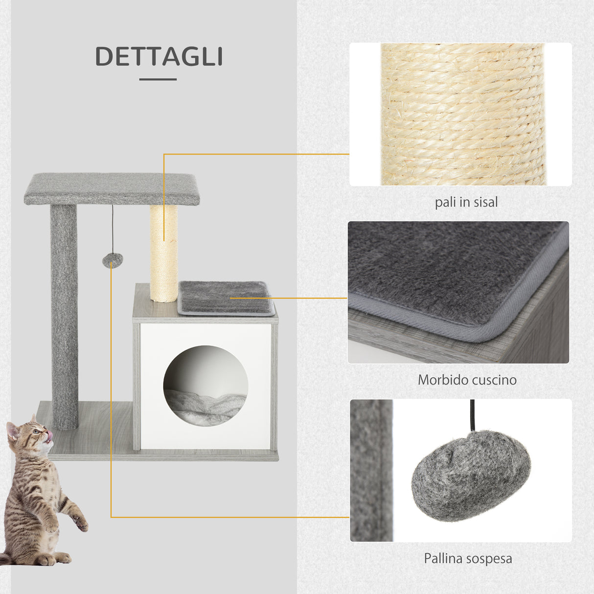 easycomfort easycomfort albero tiragraffi per gatti con cuccia e colonna in corda sisal grigio 59x39x62cm