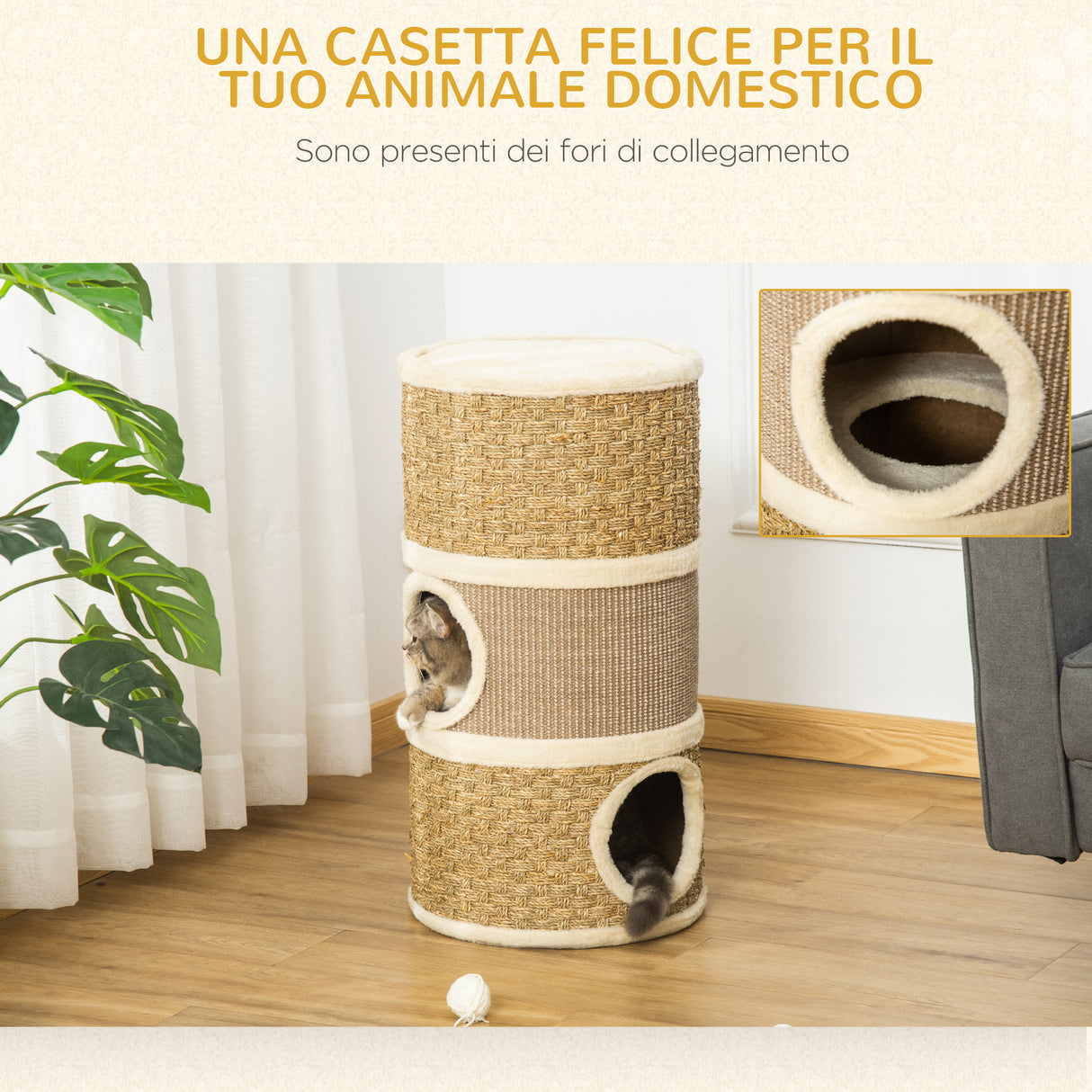 easycomfort easycomfort casetta cuccia per gatti tiragraffi a torre 3 nicchie corda in sisal alga marina