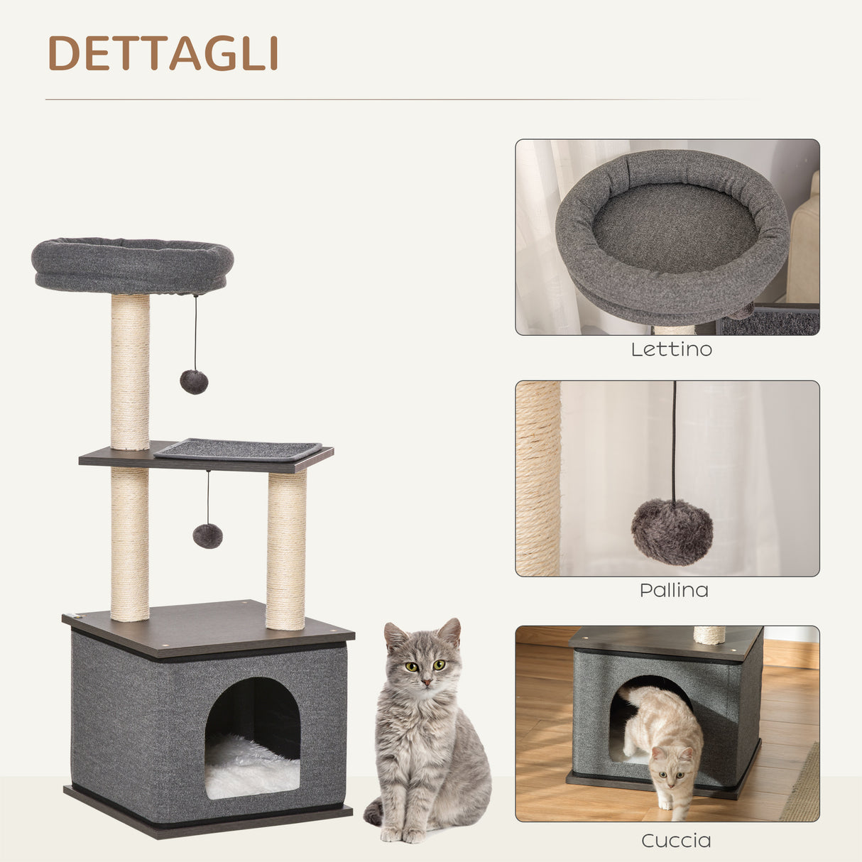 easycomfort easycomfort albero tiragraffi per gatti con casetta lettino e pali in sisal 40x40x104cm grigio