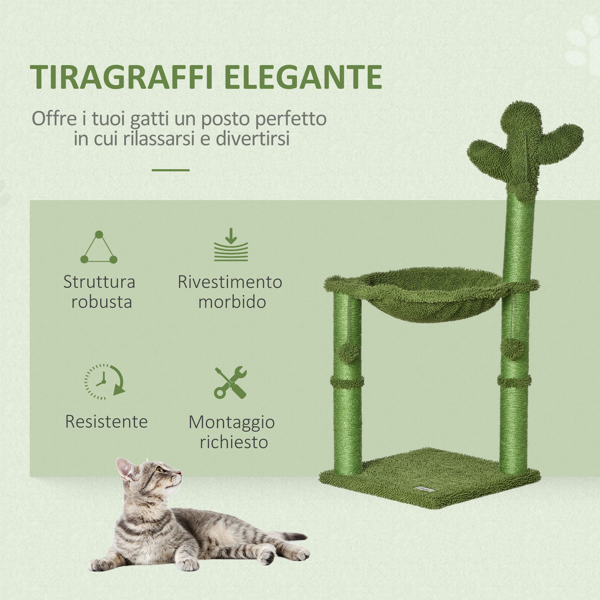 easycomfort easycomfort albero tiragraffi per gatti fino 4 5kg a forma di cactus con palline e amaca 40x40x96cm verde