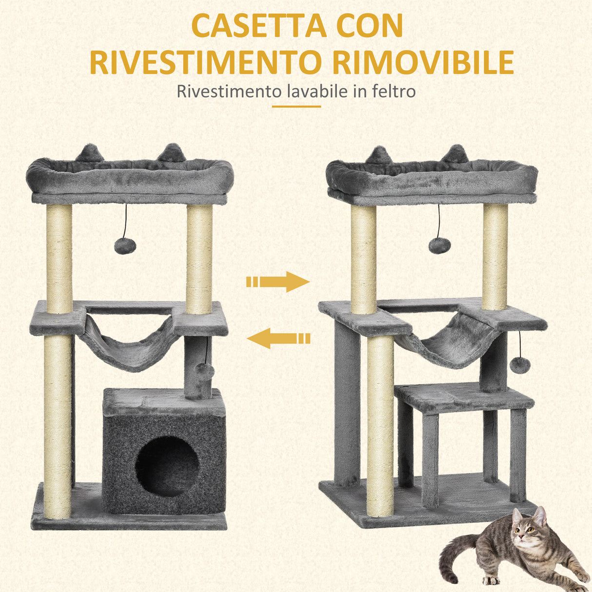 easycomfort easycomfort albero tiragraffi con corde sisal casetta e amaca rivestimento peluche e feltro altezza 100cm grigio