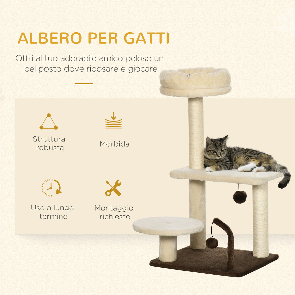 easycomfort albero tiragraffi per gatti con palo in sisal posatoio e palline da gioco in truciolato e peluche 44x38x74 cm