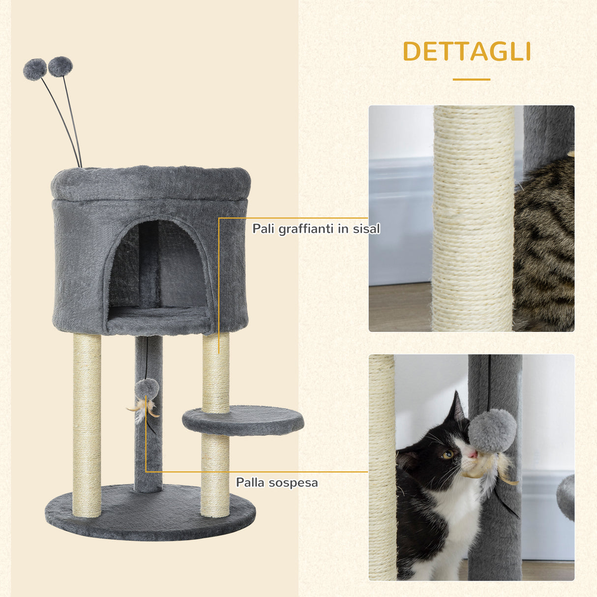 easycomfort albero tiragraffi per gatti con casetta e lettino pali in sisal e palline 44.5x44.5x73.5cm grigio