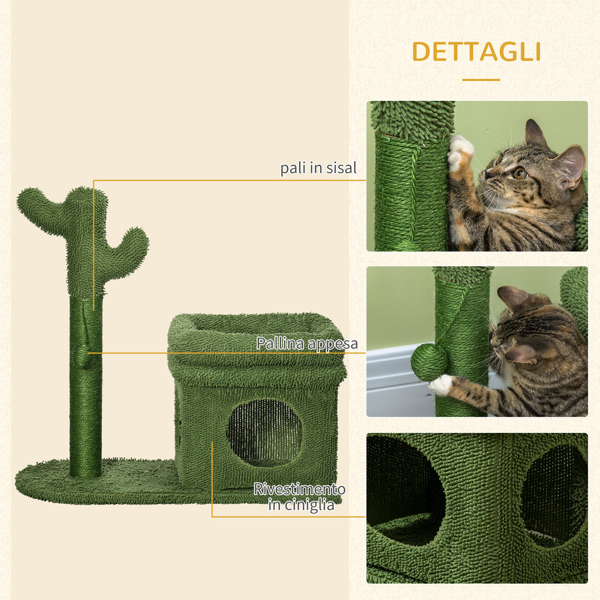 easycomfort tiragraffi per gatti con lettino casetta e palo in sisal a forma di cactus 68x30x67cm verde