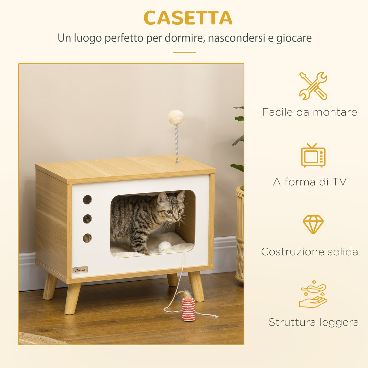 easycomfort casetta per gatti in truciolato a forma di televisore con cuscino e pallina giocattolo 50x28x43 cm