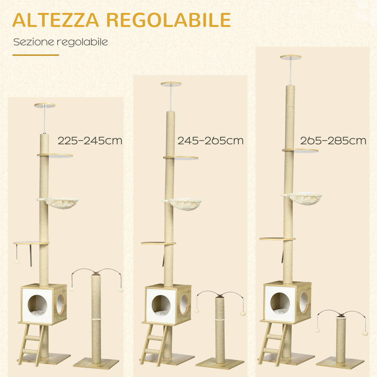 easycomfort albero per gatti in truciolato ad altezza regolabile con tiragraffi casetta amaca e pallina 40x40x225 285 cm