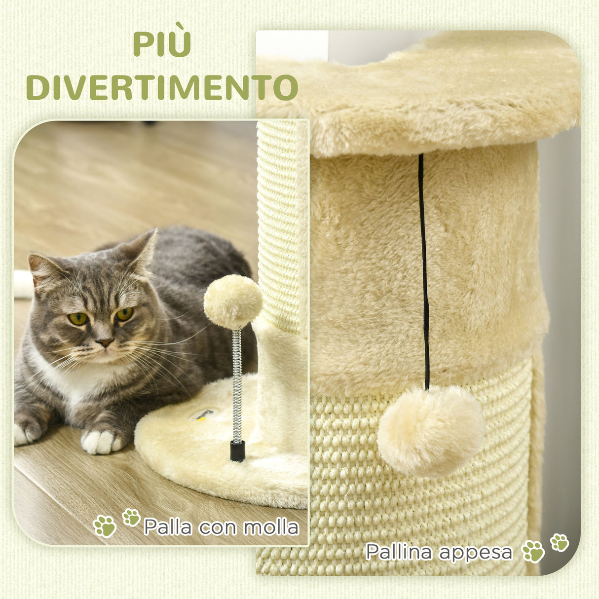 easycomfort albero tiragraffi per gatti fino 5kg con 2 palline in sisal e peluche 34x25.5x58cm beige