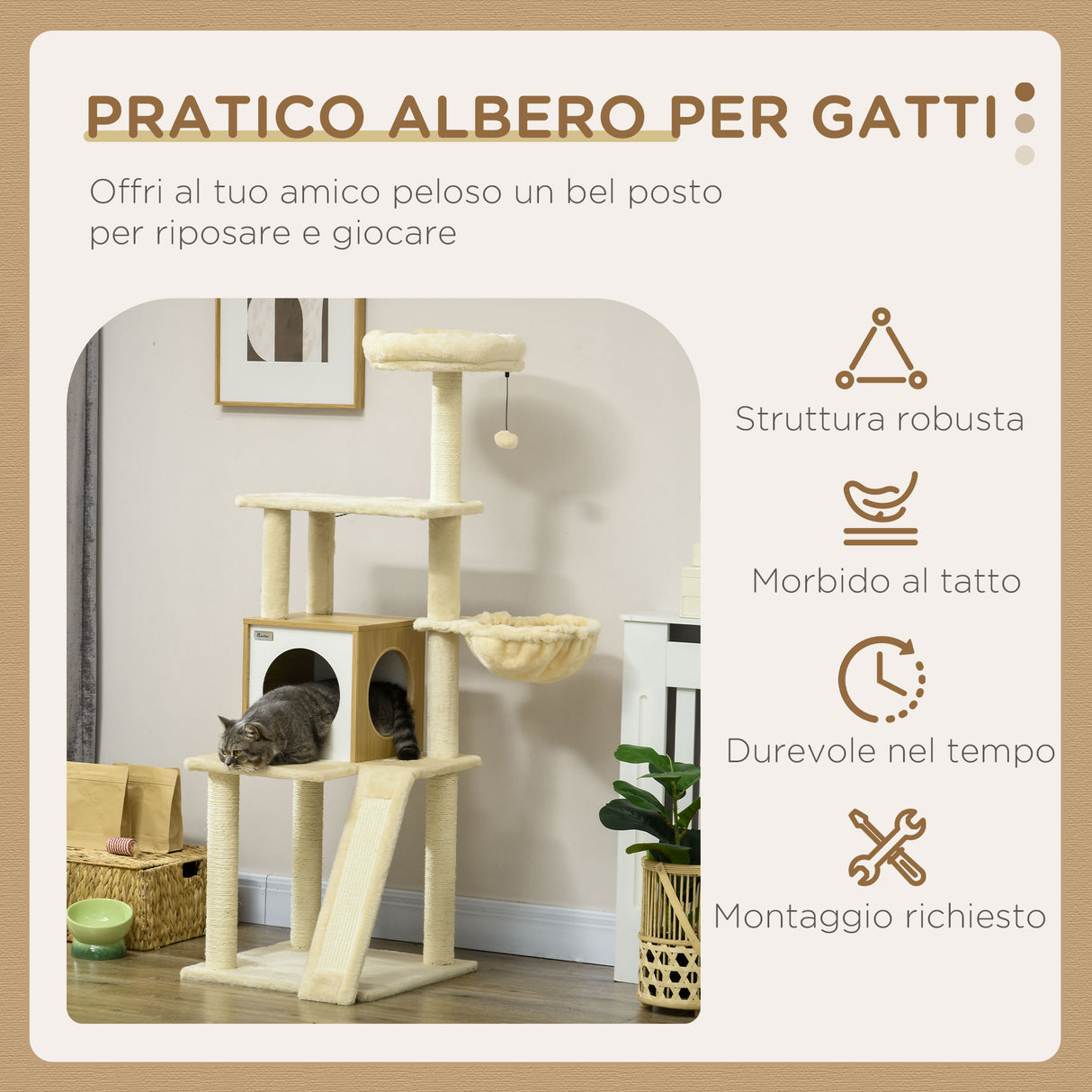 easycomfort easycomfort albero per gatti con casetta tiragraffi per gatti posatoio e paletto 48 5x48 5x141 5 cm beige