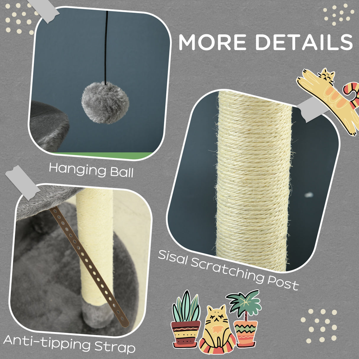 easycomfort easycomfort albero tiragraffi per gatti con pali in sisal lettino con cuscino e pallina 60x136cm grigio