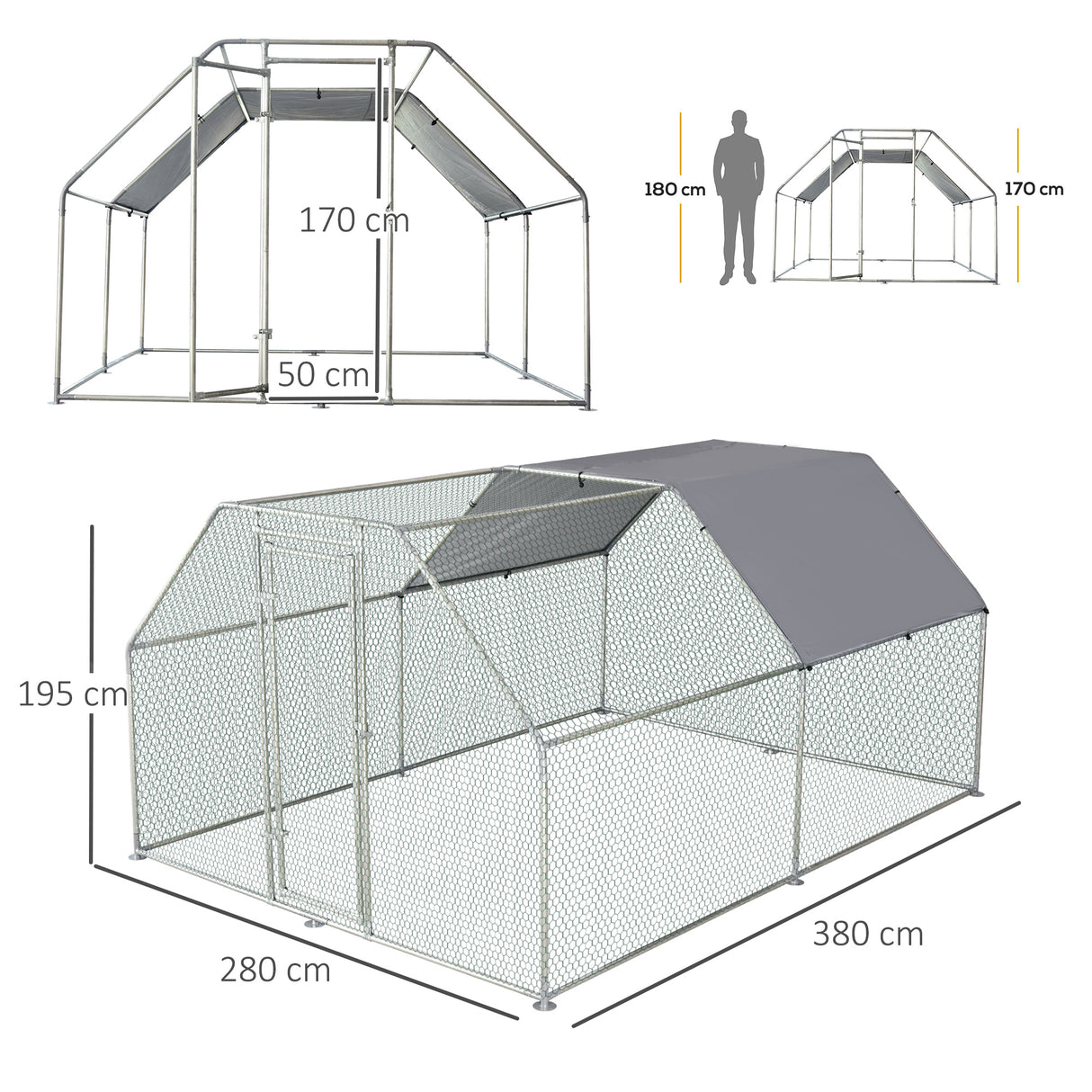 easycomfort easycomfort recinto gabbia per galline da esterno in metallo galvanizzato porta con blocco e sezione con tessuto oxford 280x380x195 cm argento