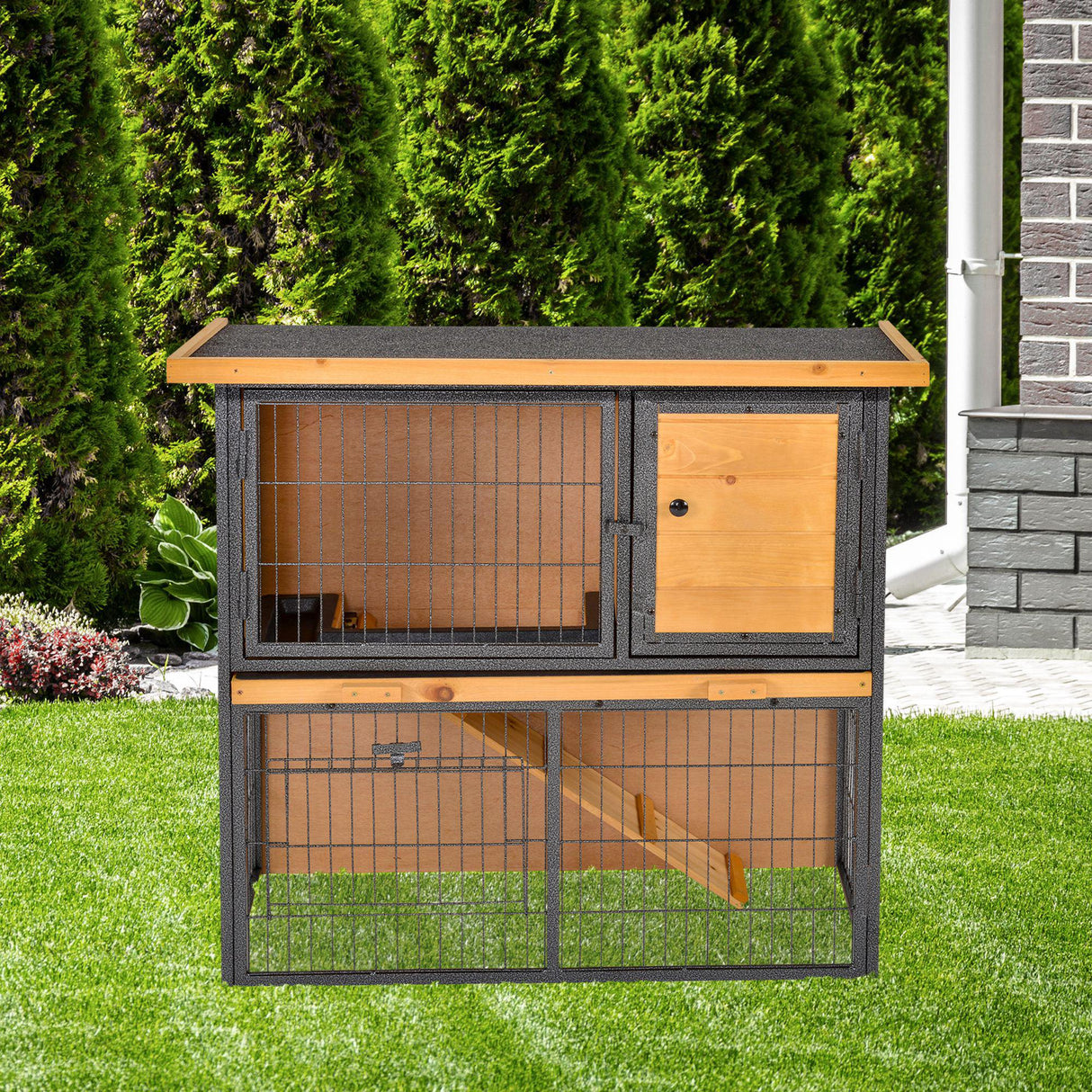 easycomfort gabbia per conigli con rampa e area aperta conigliera in legno e metallo su 2 livelli giallo chiaro 89.5x45x81cm