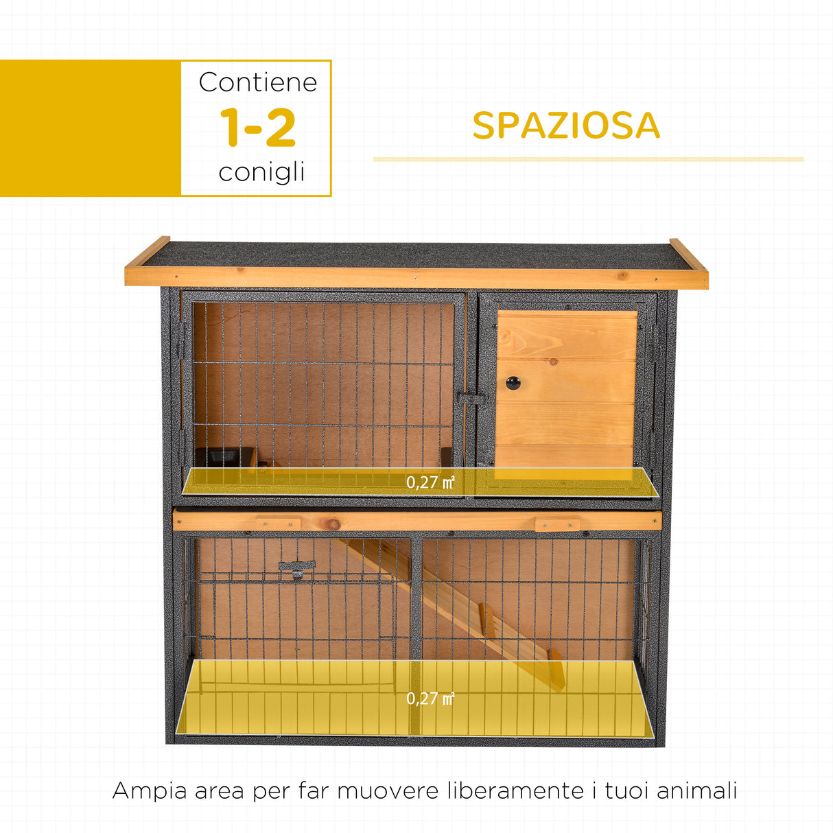 easycomfort gabbia per conigli con rampa e area aperta conigliera in legno e metallo su 2 livelli giallo chiaro 89.5x45x81cm
