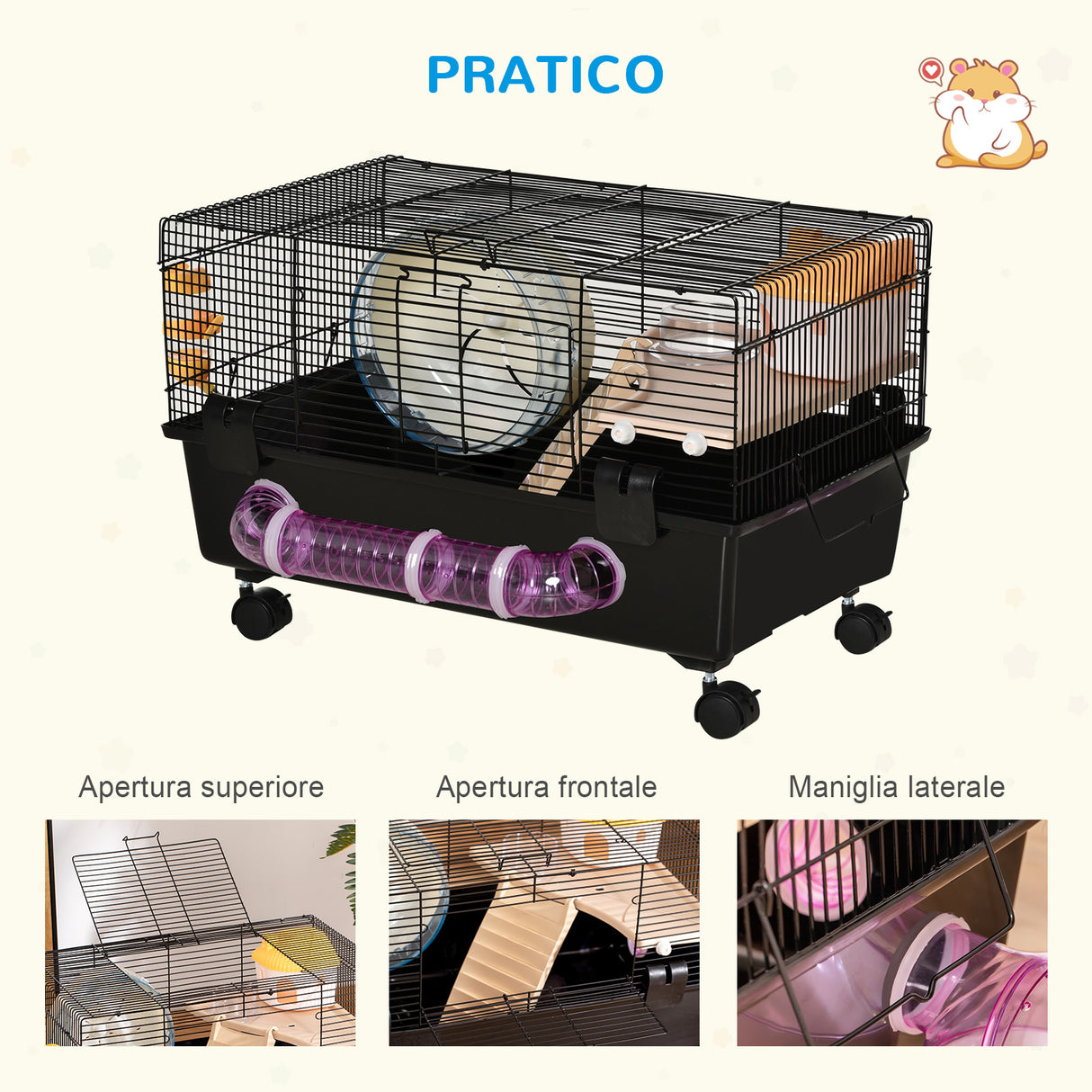 easycomfort easycomfort gabbia per criceti con casetta tunnel e ruota base con 4 rotelle 60x35x38 5cm nero e marrone