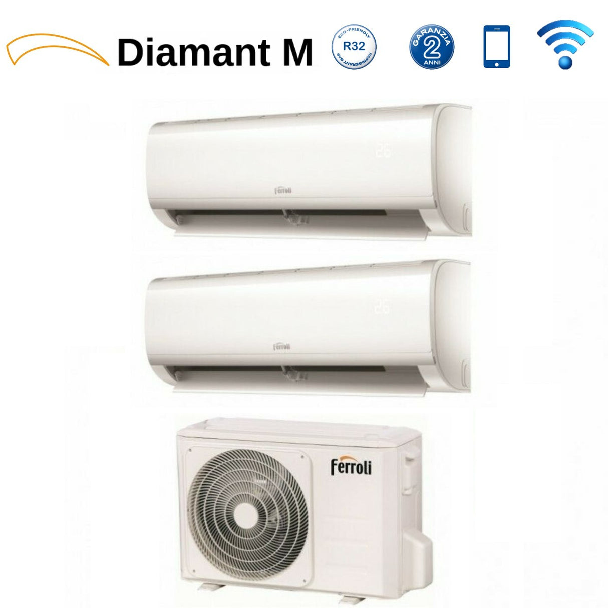 climatizzatore condizionatore ferroli dual split inverter serie diamant plus m 7_9 con 14 2 r 32 wi fi integrato 7000_9000 novita