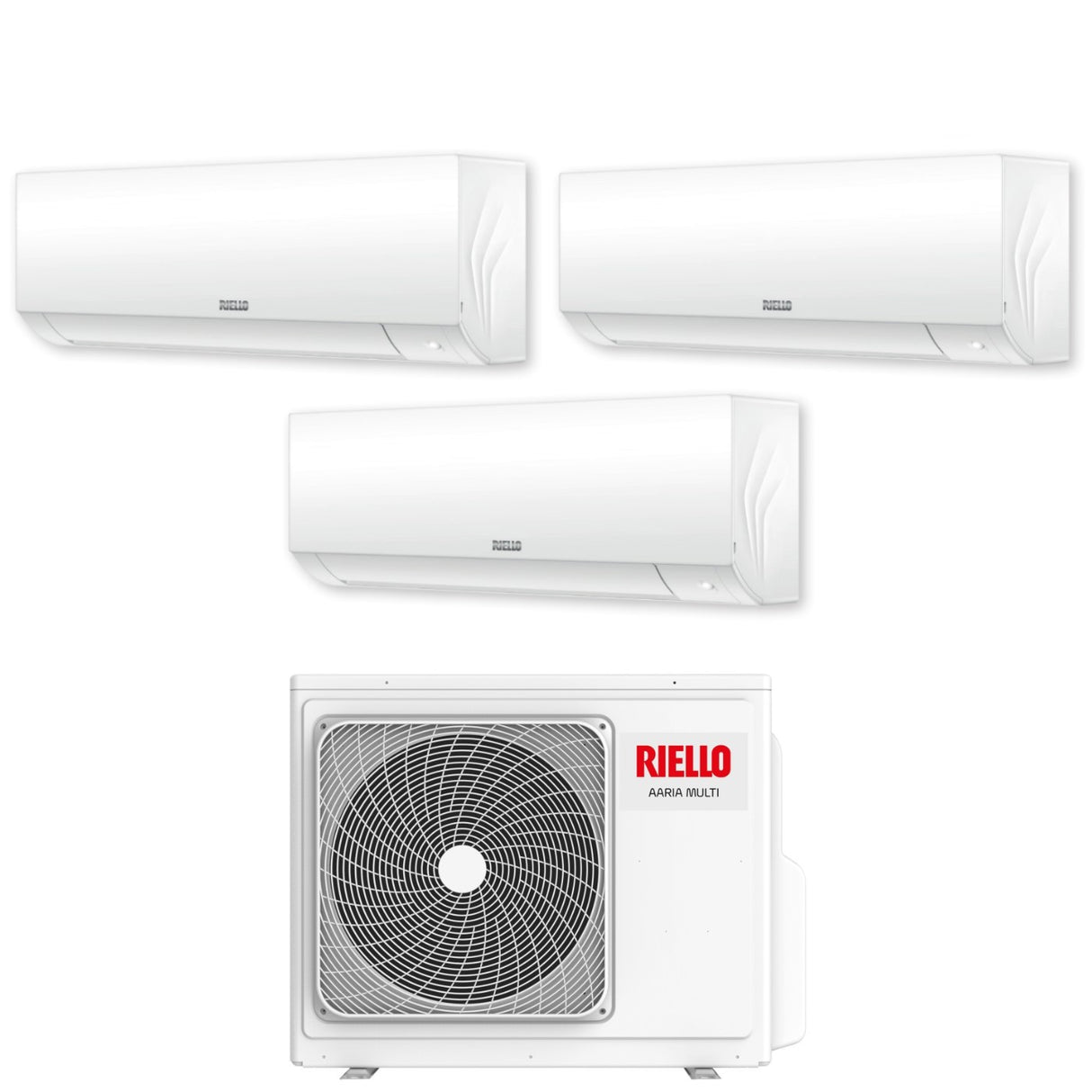 climatizzatore condizionatore riello trial split inverter serie aaria plus 12_12_12 con aaria multi 355 p r 32 wi fi optional 12000_12000_12000