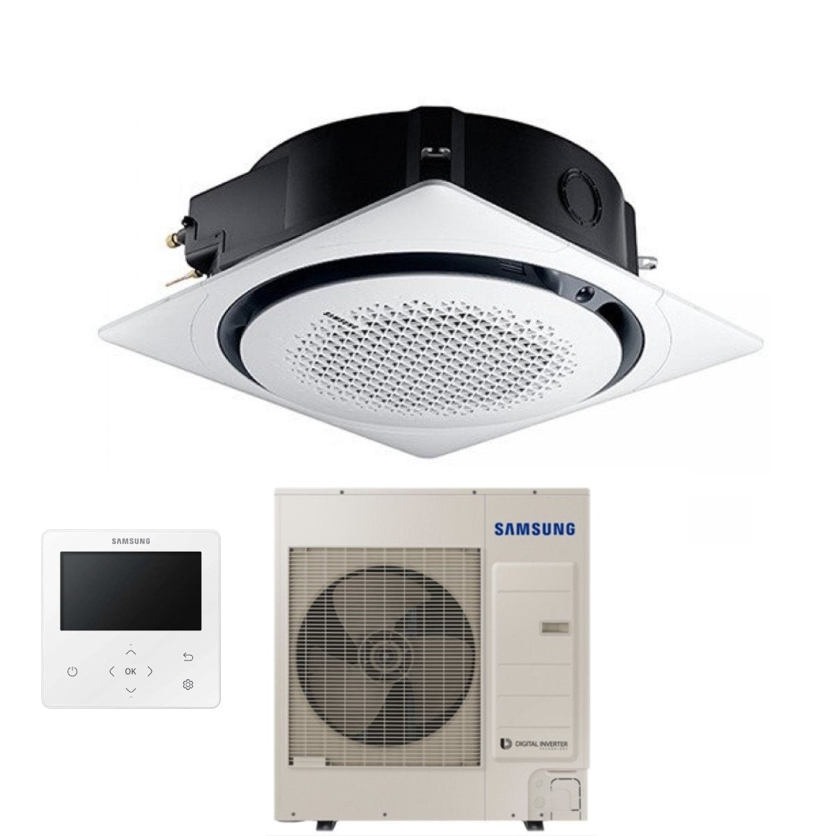 climatizzatore condizionatore samsung inverter cassetta 360 30000 btu ac090mn4pkh eu monofase r 410 wi fi optional con comando a filo e griglia circolare bianca