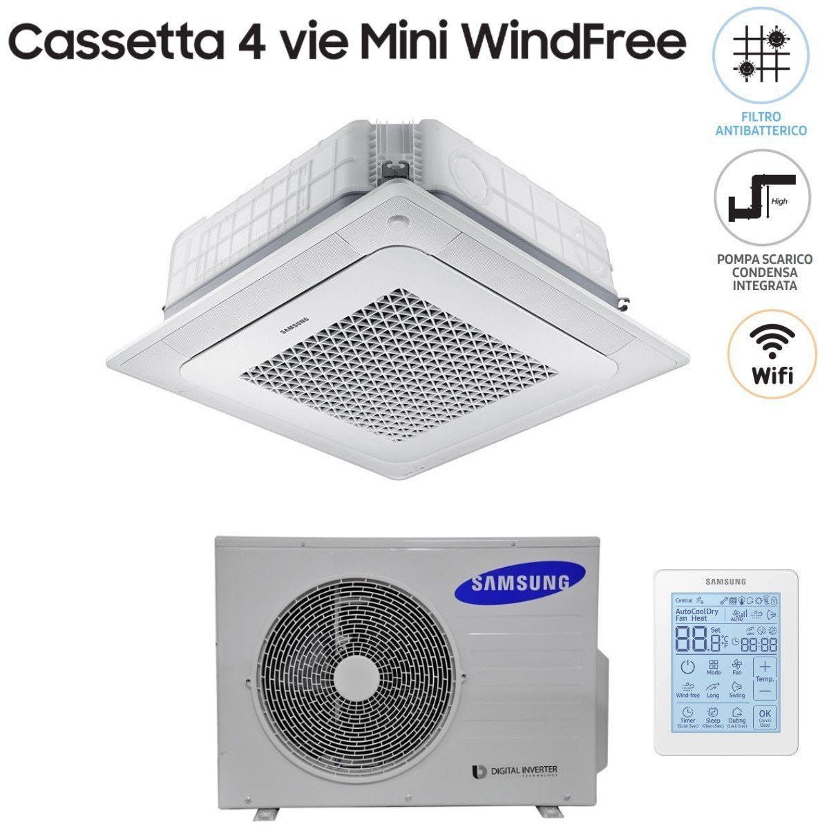 climatizzatore condizionatore samsung mini cassetta 4 vie windfree 12000 btu ac035nnndkh r 410 wi fi optional con telecomando wireless e pannello incluso