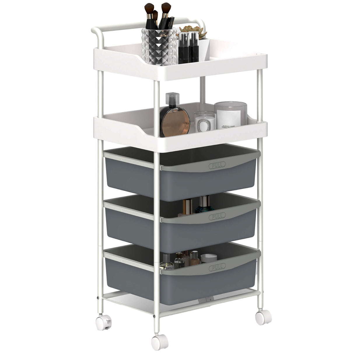 easycomfort easycomfort carrello portaoggetti con 2 vassoi fissi e 3 vassoi scorrevoli in acciaio e pp 40x34x85 cm bianco e grigio