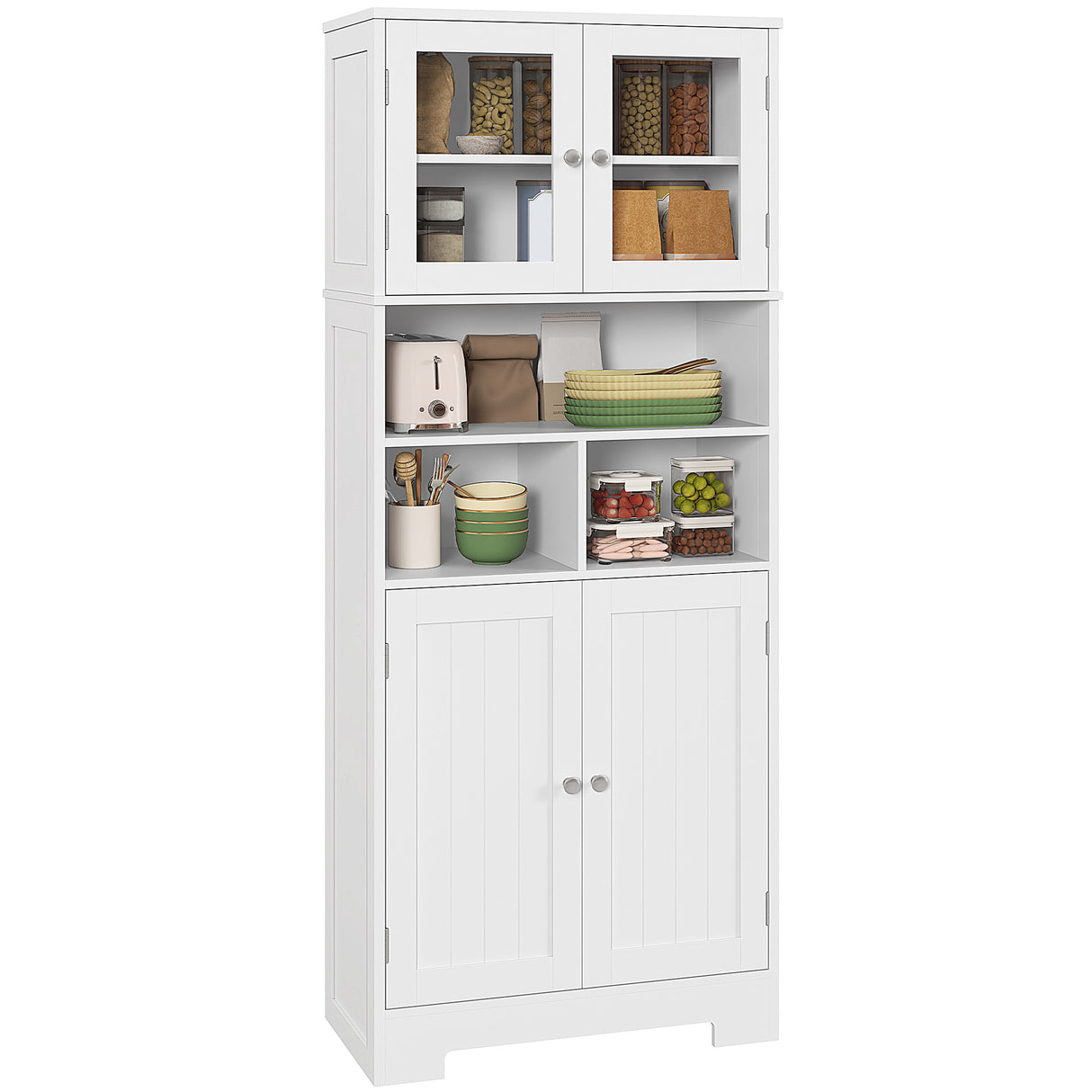 easycomfort easycomfort credenza cucina con 2 armadietti e 3 vani aperti ante a vetro e ripiani regolabili 60x30x145 5 cm bianco