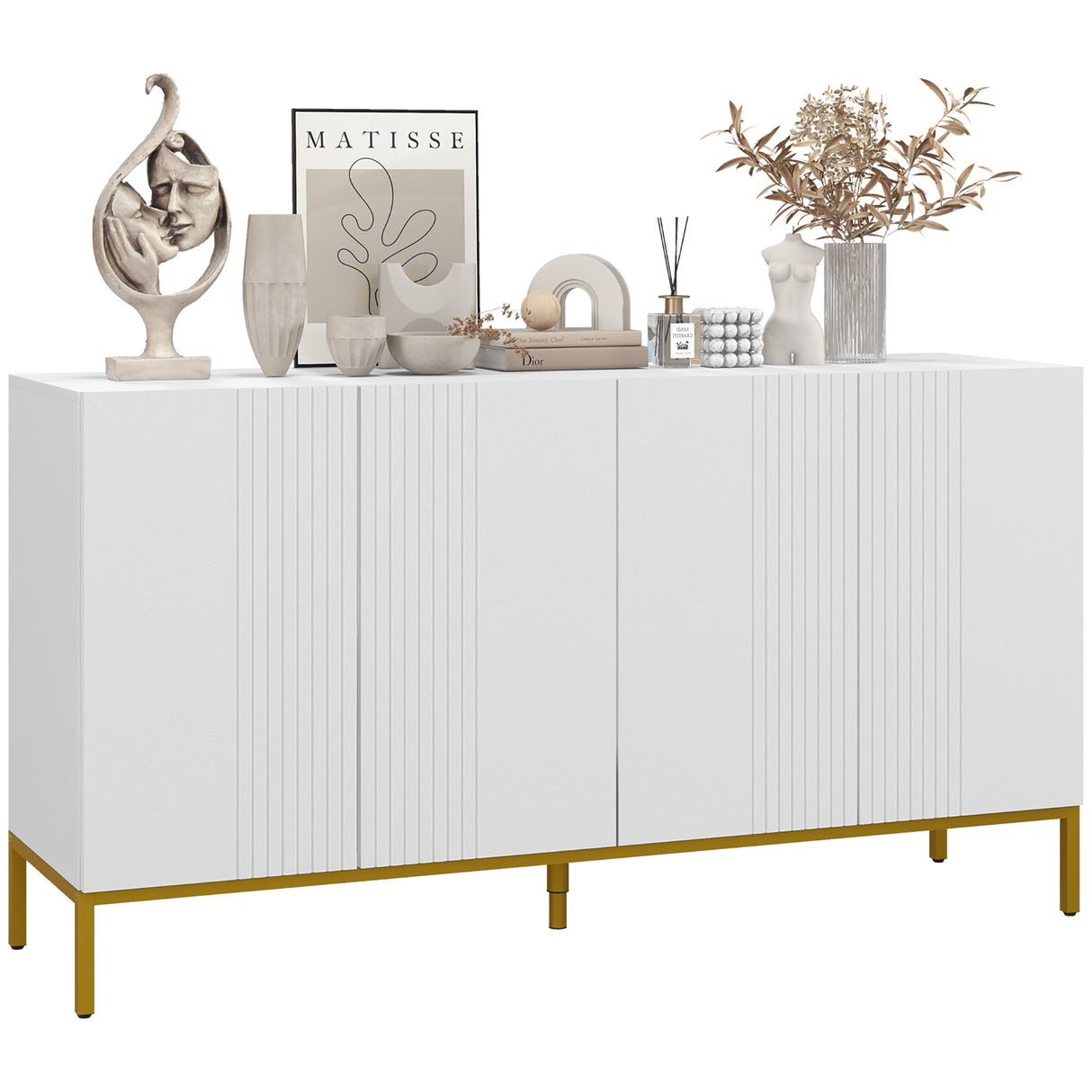 easycomfort easycomfort credenza moderna a 4 ante con chiusura ammortizzata e mensole regolabili 140x40x75cm bianco e oro