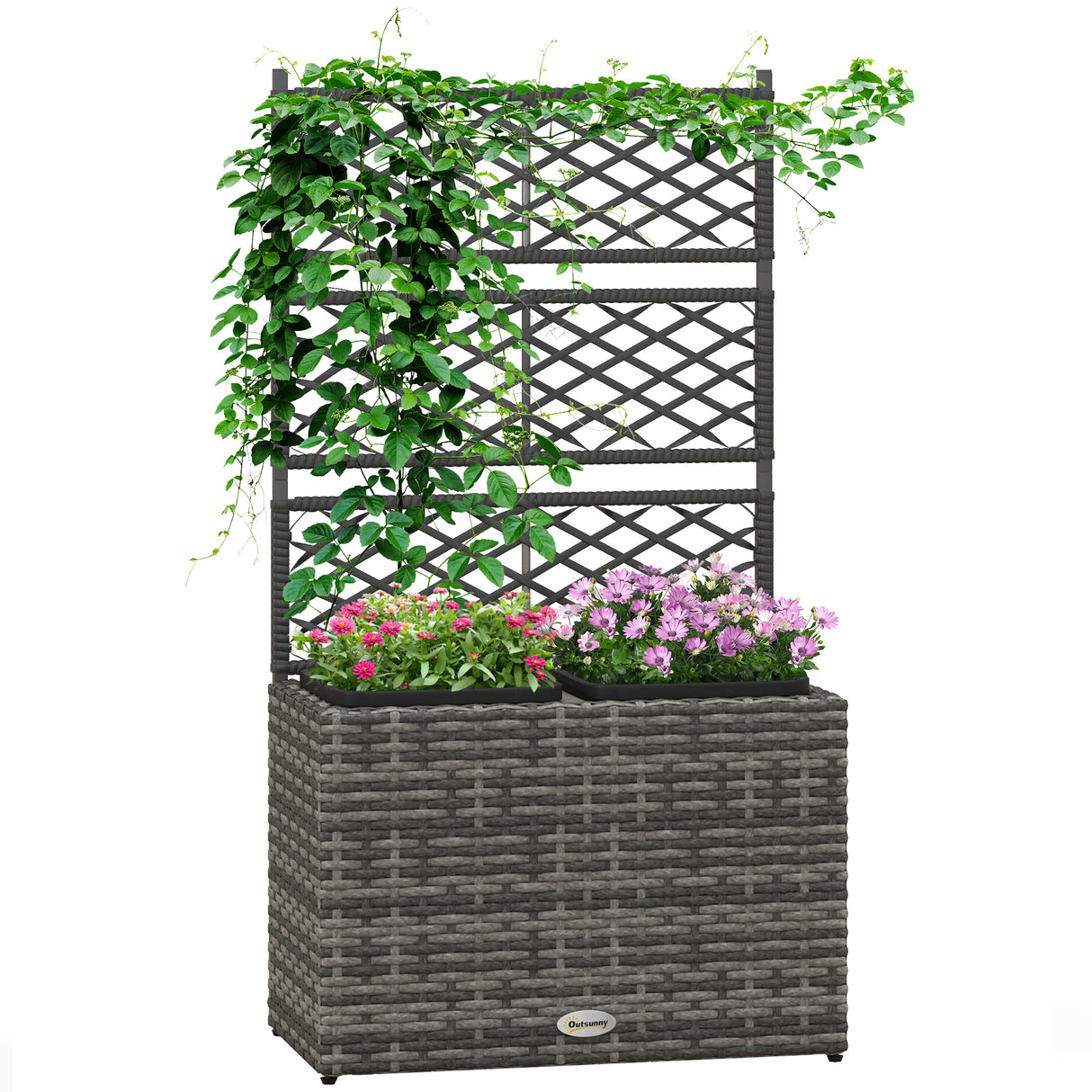 easycomfort easycomfort fioriera con grigliato per rampicanti con 2 vasi in acciaio e rattan pe 57x30x107cm grigio