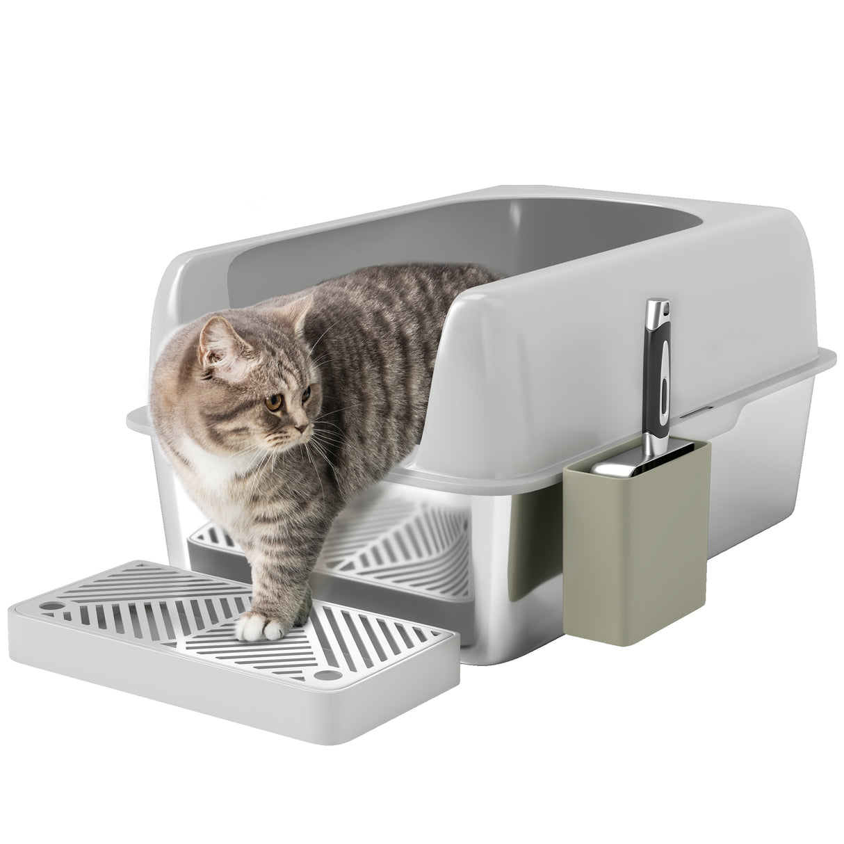 easycomfort easycomfort lettiera per gatti con gradino paletta e box portaoggetti in acciaio inox e abs 60 2x40 6x29 cm grigio chiaro