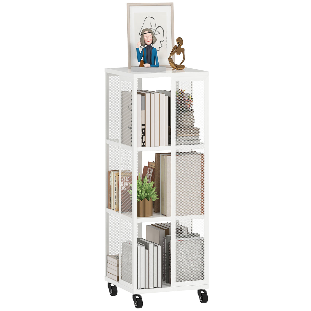 easycomfort easycomfort libreria moderna a 3 ripiani in metallo a rete con ruote 35x35x99 cm bianco