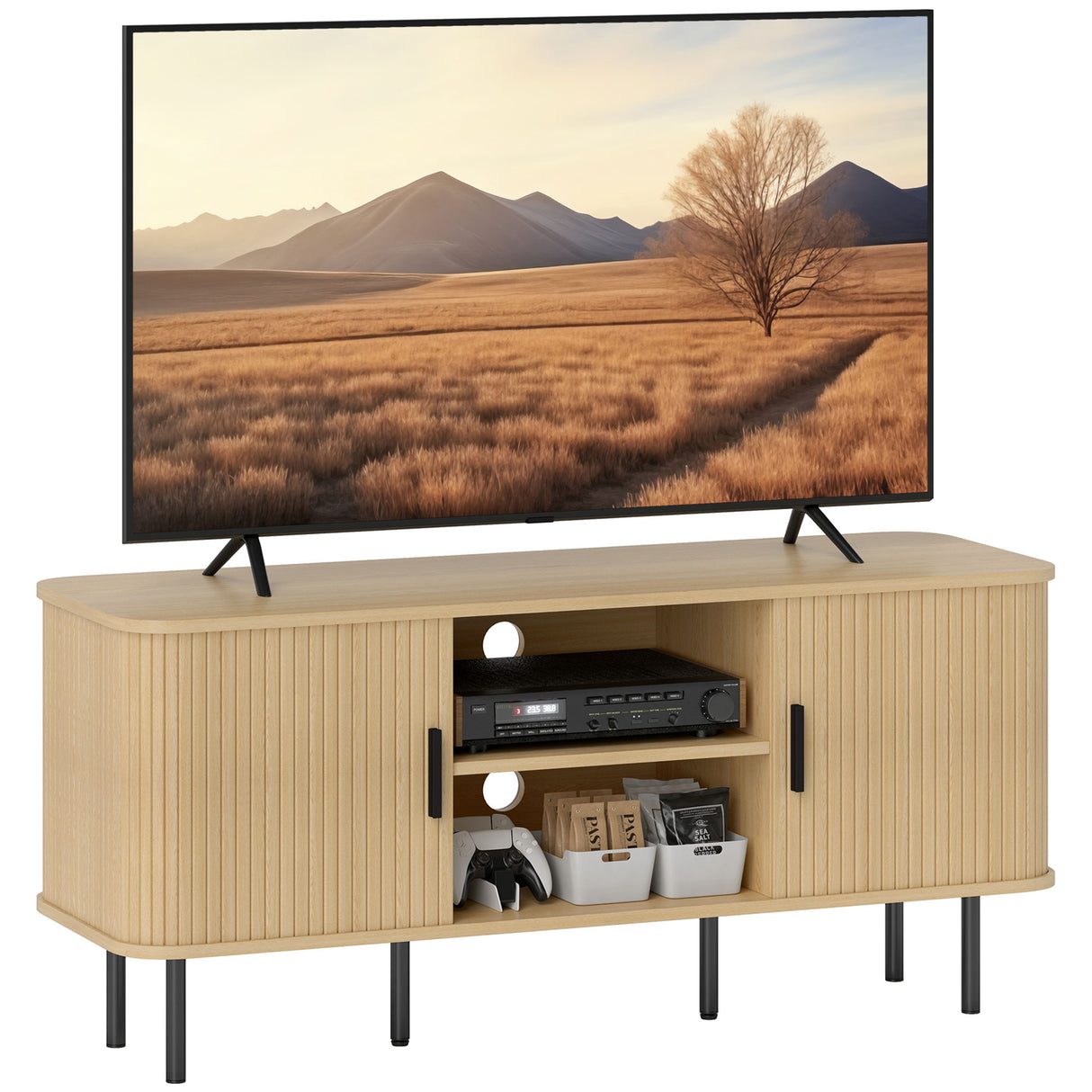 easycomfort easycomfort mobile tv 55 con 2 armadietti e 2 ripiani in legno e acciaio 120x40x55 cm nero e rovere