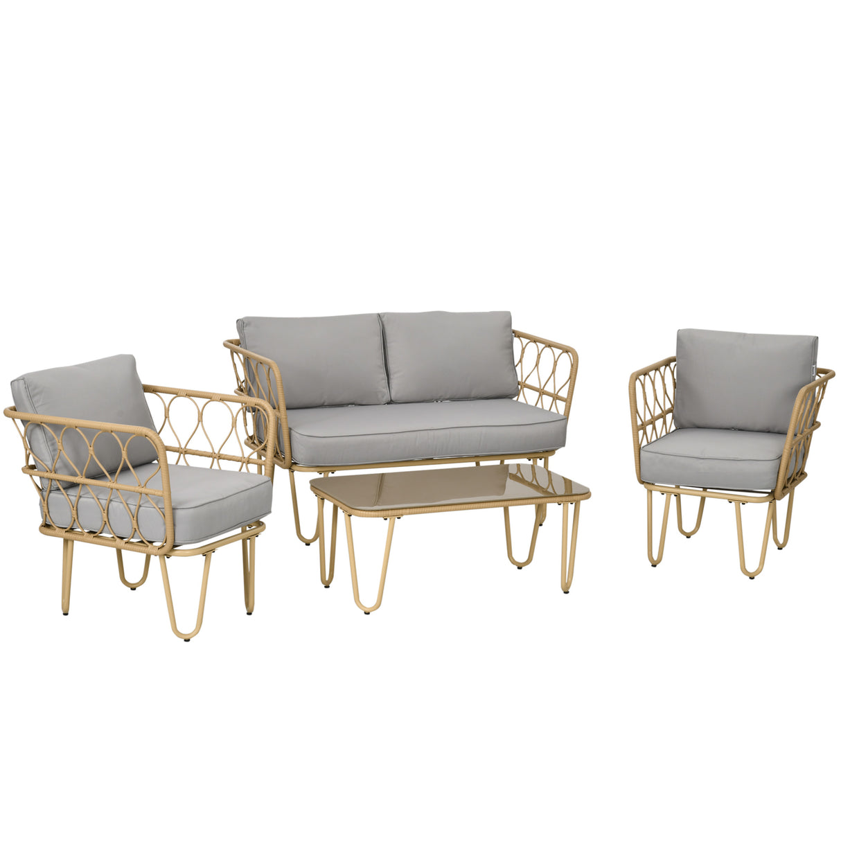 easycomfort easycomfort salotto da giardino in rattan stile boho con divano 2 posti 2 poltrone e tavolino con vetro
