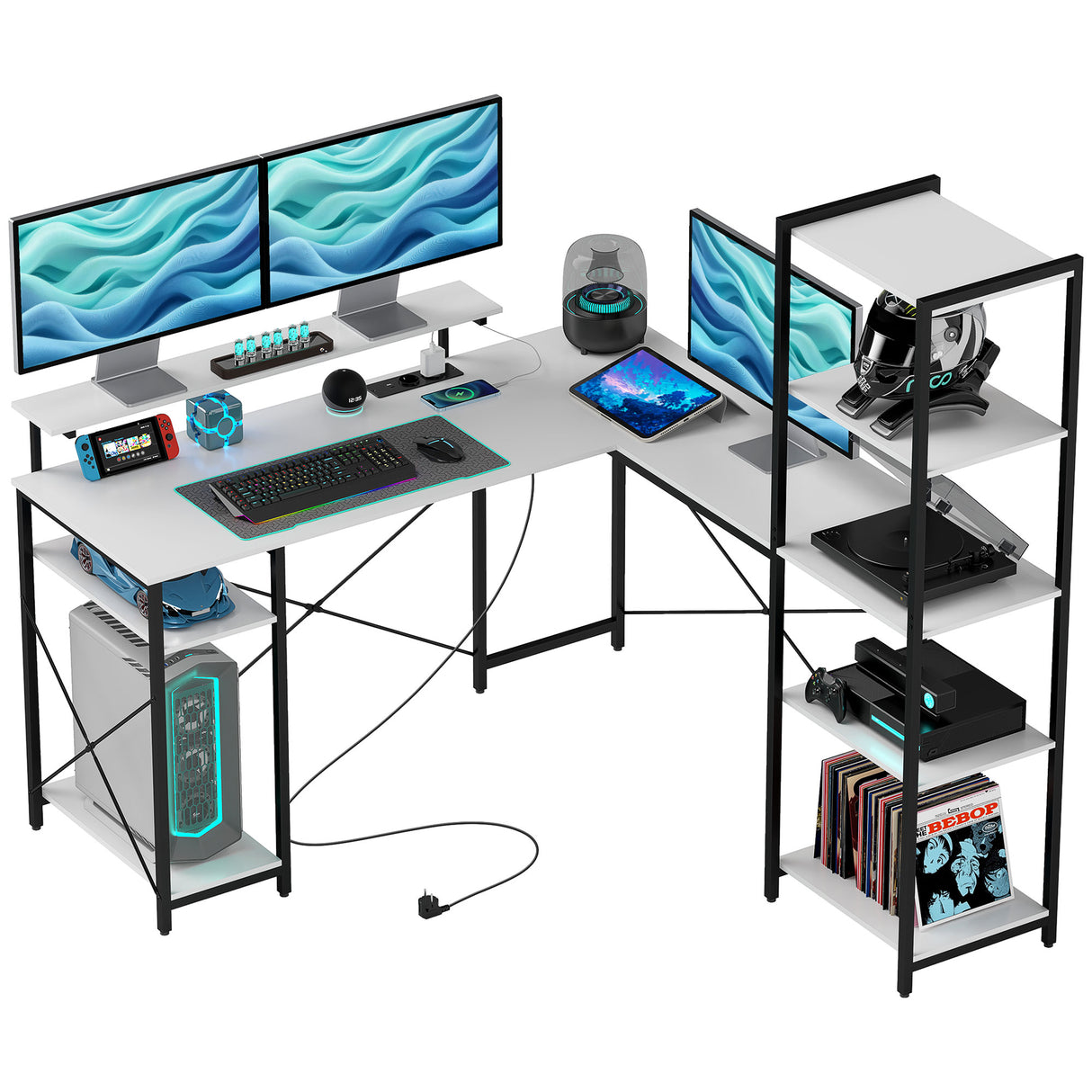 easycomfort easycomfort scrivania angolare con presa elettrica e usb scaffale e supporto per monitor bianco e nero