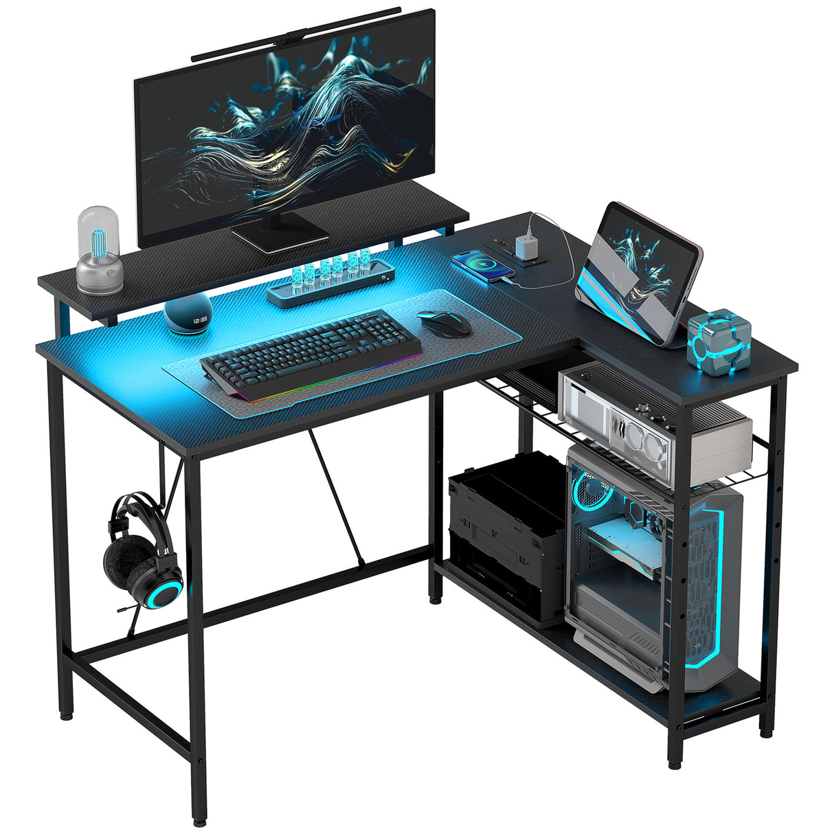 easycomfort easycomfort scrivania angolare reversibile con led prese di corrente e prese usb ripiani e supporto monitor nero