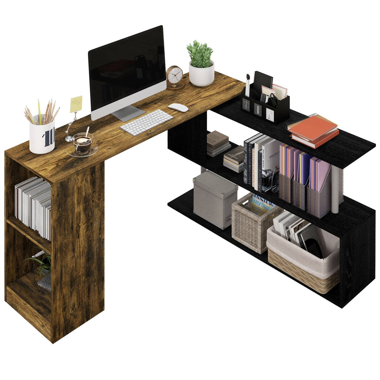easycomfort easycomfort scrivania angolare salvaspazio con ripiano a s in legno 140x120x78 cm color marrone e nero
