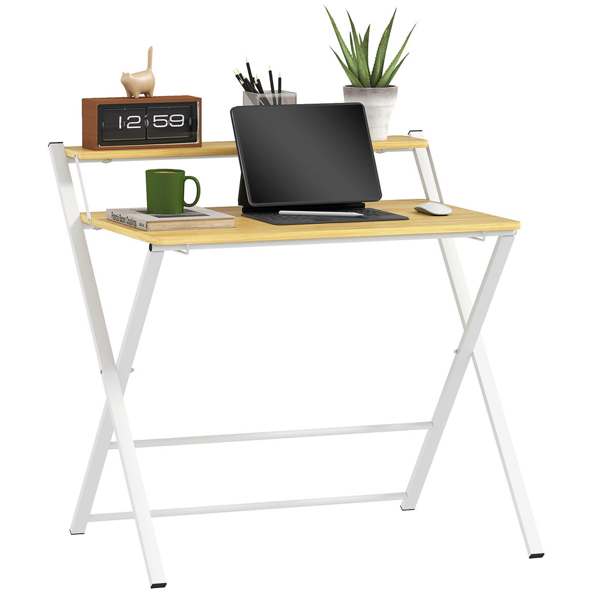 easycomfort easycomfort scrivania pieghevole con ripiano rialzato e gambe a x in legno e acciaio 86x66x82 cm bianco e color legno