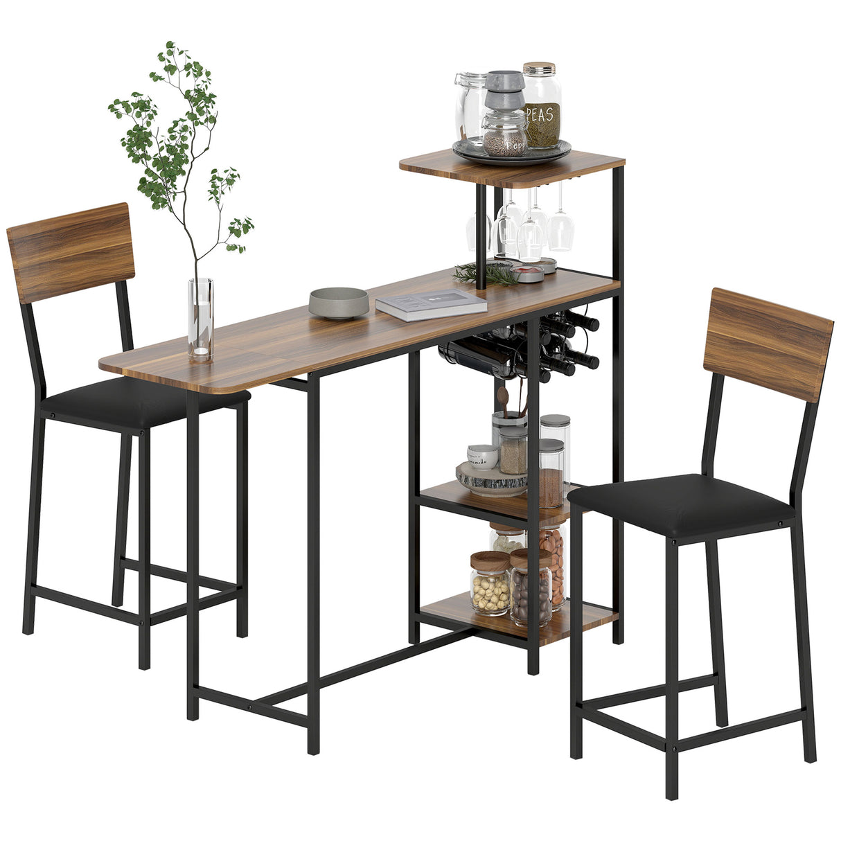 easycomfort easycomfort set bancone bar pieghevole e 2 sgabelli alti con schienale portavini e portacalici marrone