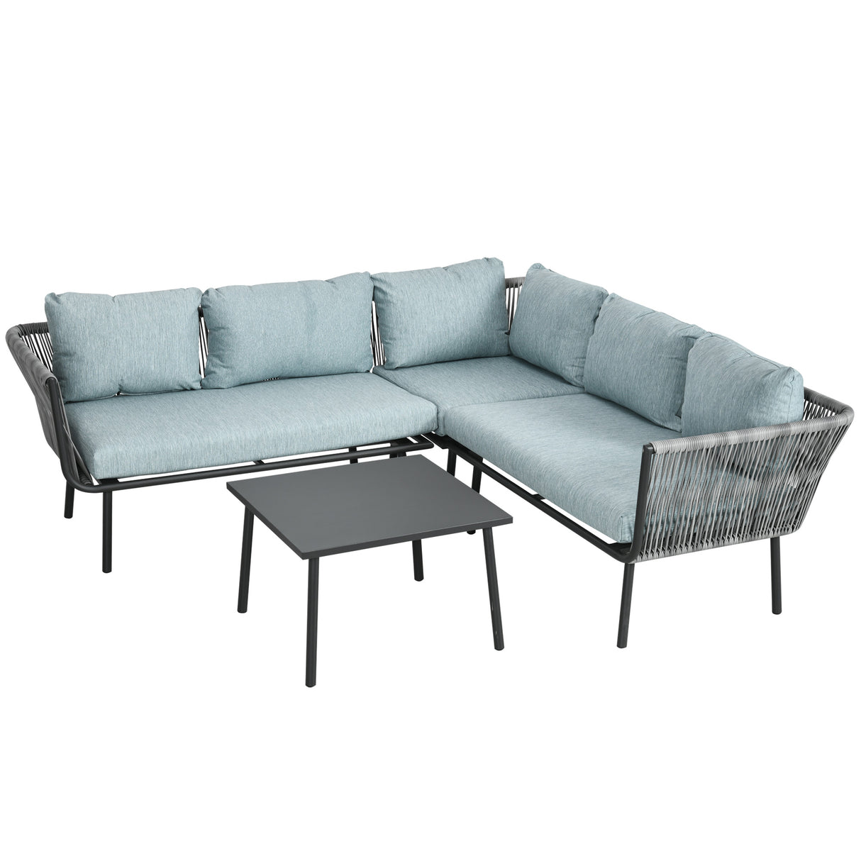 easycomfort easycomfort set da giardino 4 pezzi in rattan con tavolino da caffe 2 divani ad angolo e poltroncina nero grigio e blu