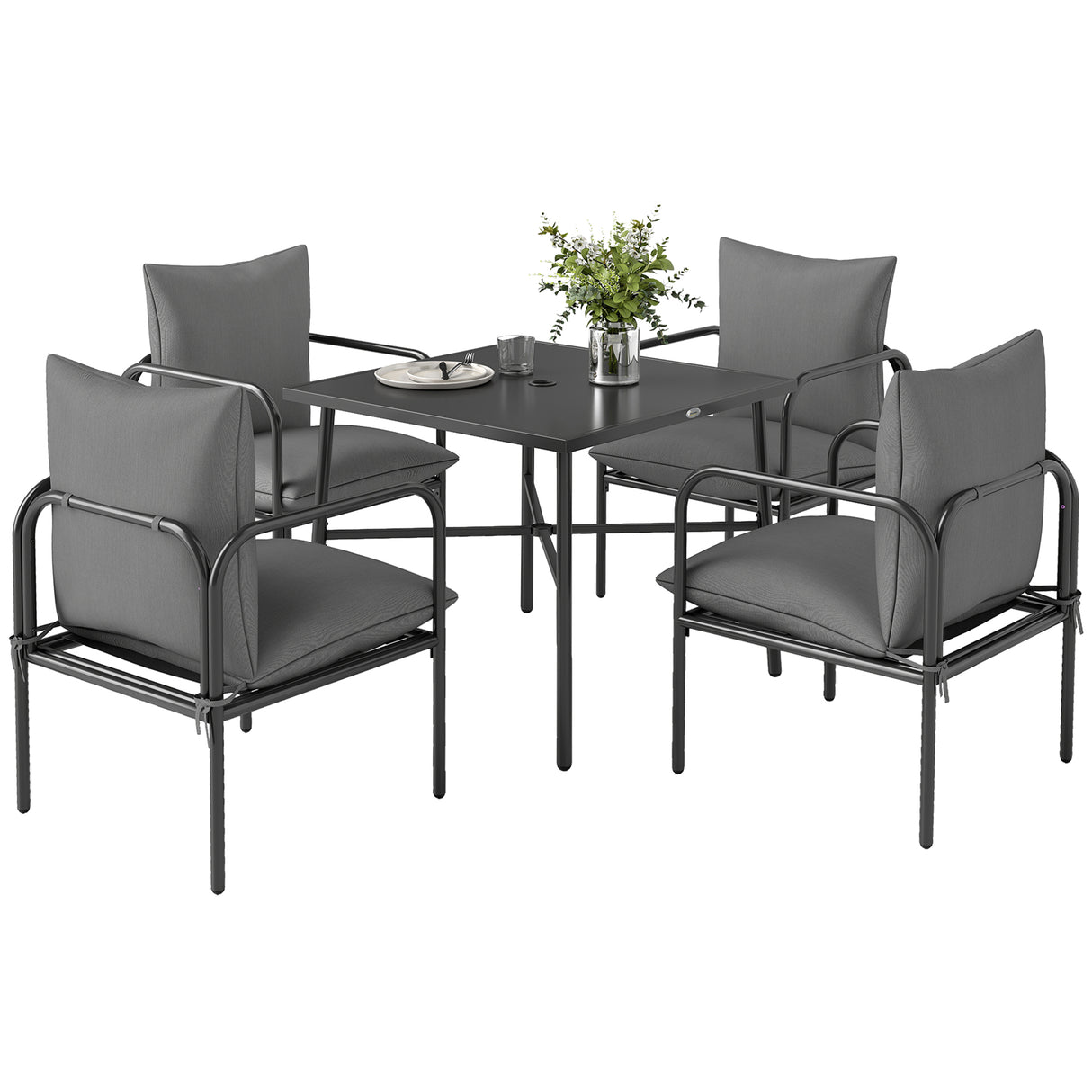 easycomfort easycomfort set da giardino 5 pezzi in acciaio con 4 sedie 58x58x66 cm e tavolo 80x80x71 cm con foro centrale grigio
