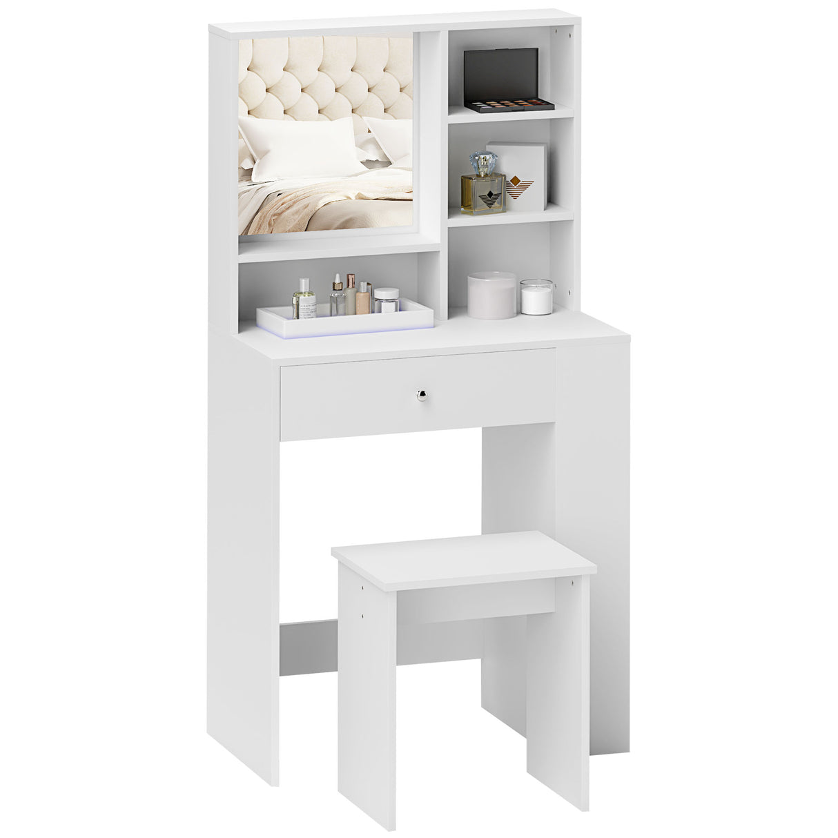 easycomfort easycomfort set toeletta da trucco con tavolino e sgabello specchio e ripiani in legno bianco