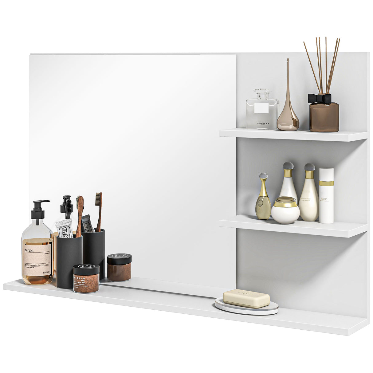 easycomfort easycomfort specchio da bagno a parete con 2 ripiani laterali e ripiano inferiore in mdf e vetro 75x10x48 cm bianco