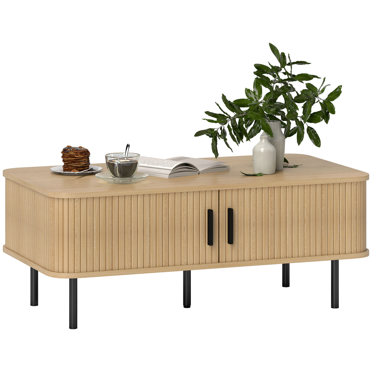 easycomfort easycomfort tavolino da caffe con 2 ripiani portaoggetti e ante scorrevoli in legno e acciaio 100x55x40 cm nero e rovere