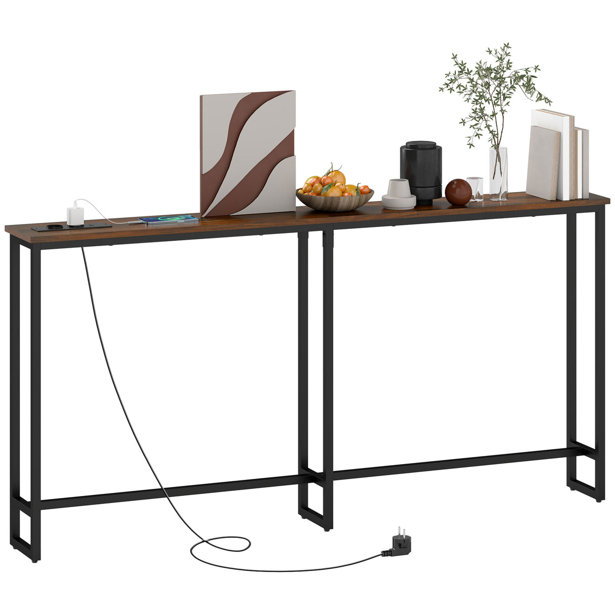easycomfort easycomfort tavolo consolle in stile industriale con stazione di ricarica in legno e acciaio 160x20x80 cm marrone